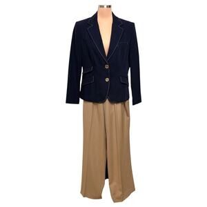Talbots Petites Pants Suit Set 14 Blue Blazer Jacket Tan Slacks Classic Preppy